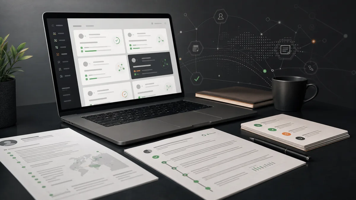 Laptop and CV documents with abstract skill matching visuals